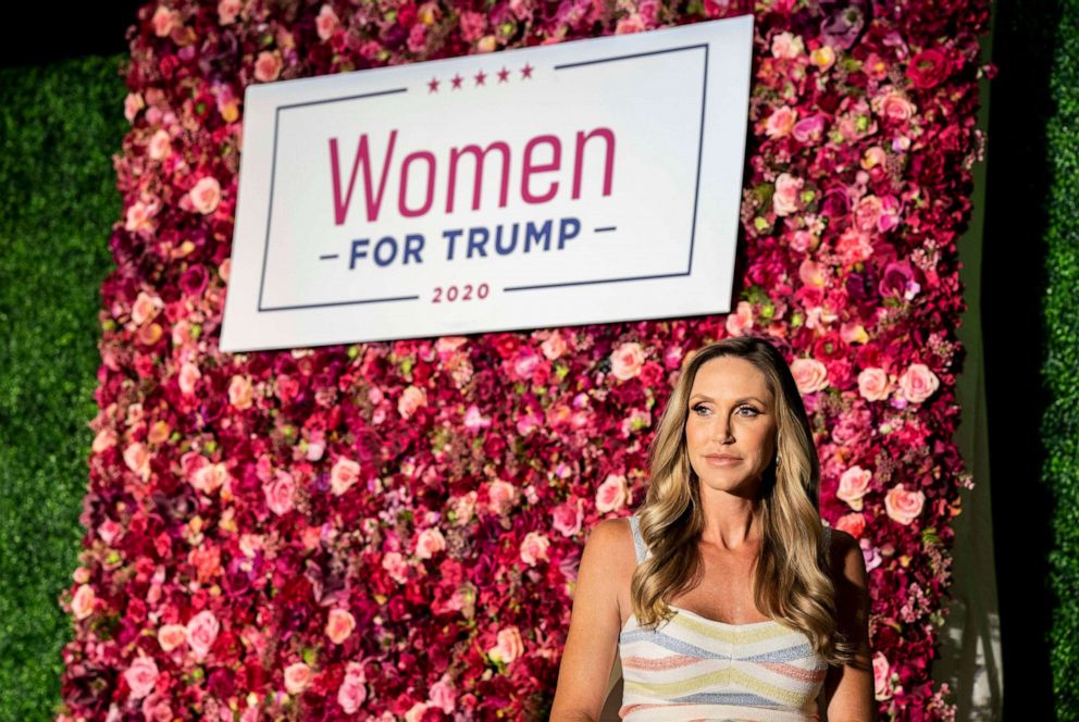 PHOTO: Lara Trump gives an interview after a gathering of Donald Trump for President Women for Trump coalition kickoff in King of Prussia, Pa., on July 16, 2019.