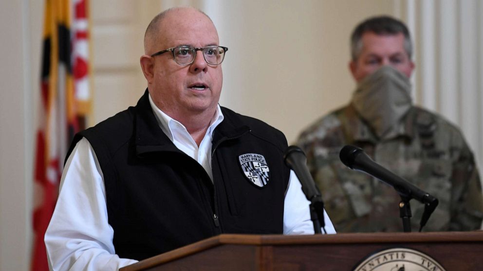 PHOTO: Maryland Gov. Larry Hogan speaks during a news conference in Annapolis, Md., April 10, 2020. 