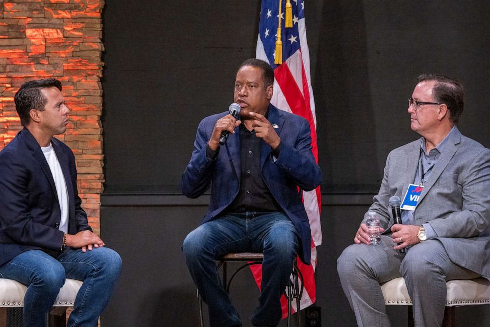 PHOTO: Republican recall candidate Larry Elder appears with a group of pastors during a Latino town hall event at the New Season LA Church, Sept. 9, 2021 in Downey, California.