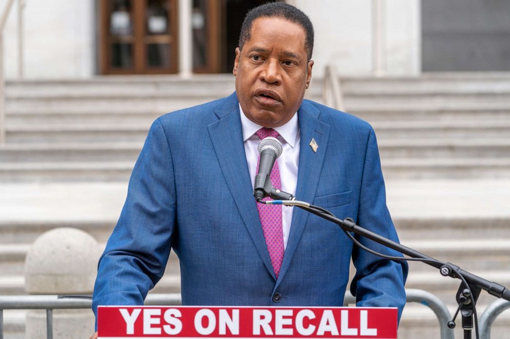 PHOTO: Conservative radio talk show host Larry Elder speaks to supporters during a campaign stop outside the Hall of Justice downtown Los Angeles, Thursday, Sept. 2, 2021. 