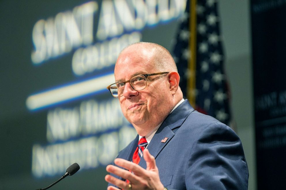PHOTO: Maryland Governor Larry Hogan speaks at the New Hampshire Institute of Politics as he mulls a Presidential run, April 23, 2019, in Manchester, New Hampshire.