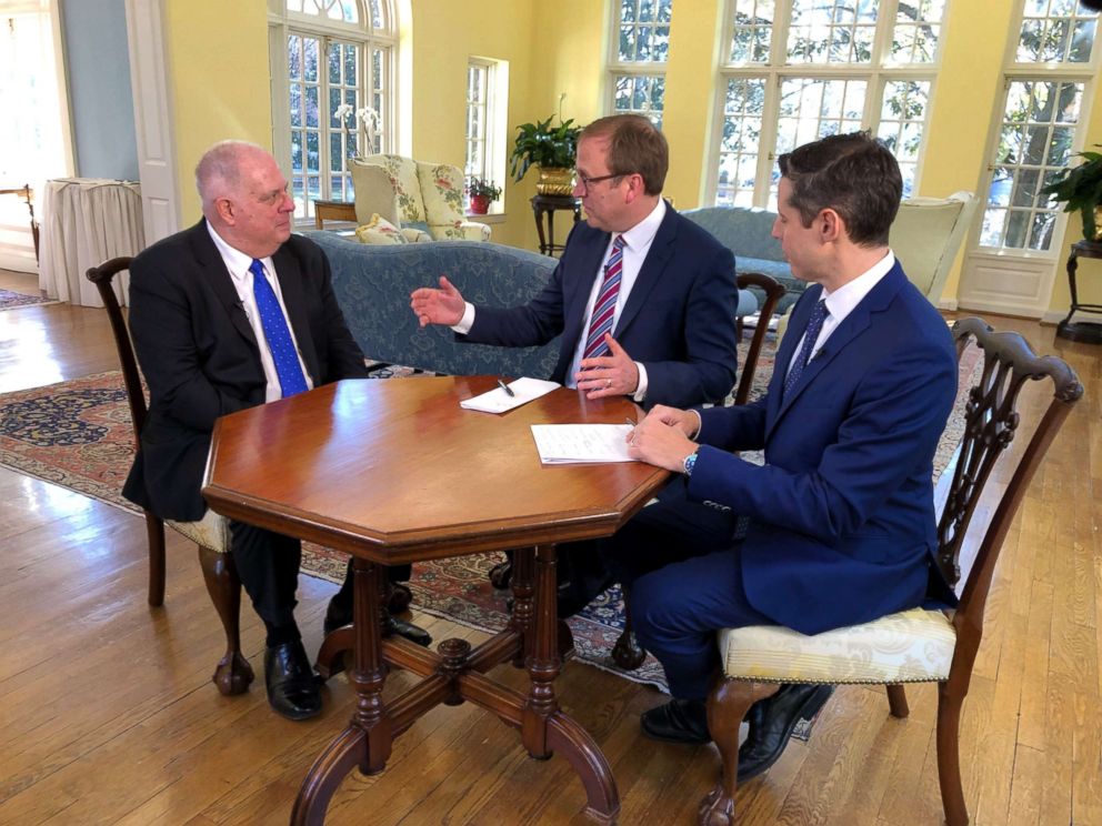 PHOTO: Maryland Gov. Larry Hogan is interviewed by ABC News Chief White House Correspondent Jonathan Karl and ABC News Political Director Rick Klein for the "Powerhouse Politics" podcast, March 12, 2019.