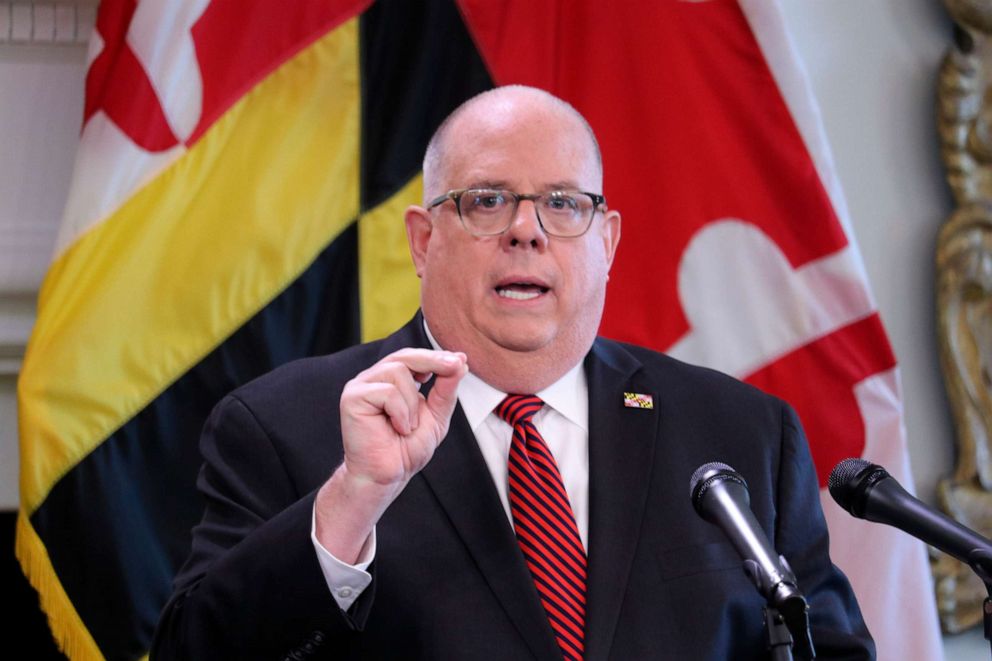 PHOTO: Maryland Gov. Larry Hogan announces he will lift an order that closed non-essential businesses this week during a news conference on Wednesday, June 3, 2020 in Annapolis, Md. The order will be lifted Friday at 5 p.m.