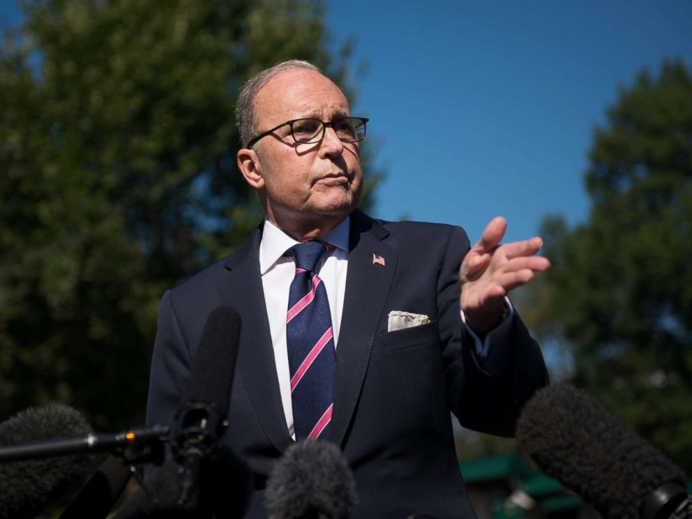 PHOTO: White House National Economic Advisor Larry Kudlow speaks with members of the press outside the White House in Washington, Oct. 12, 2018.