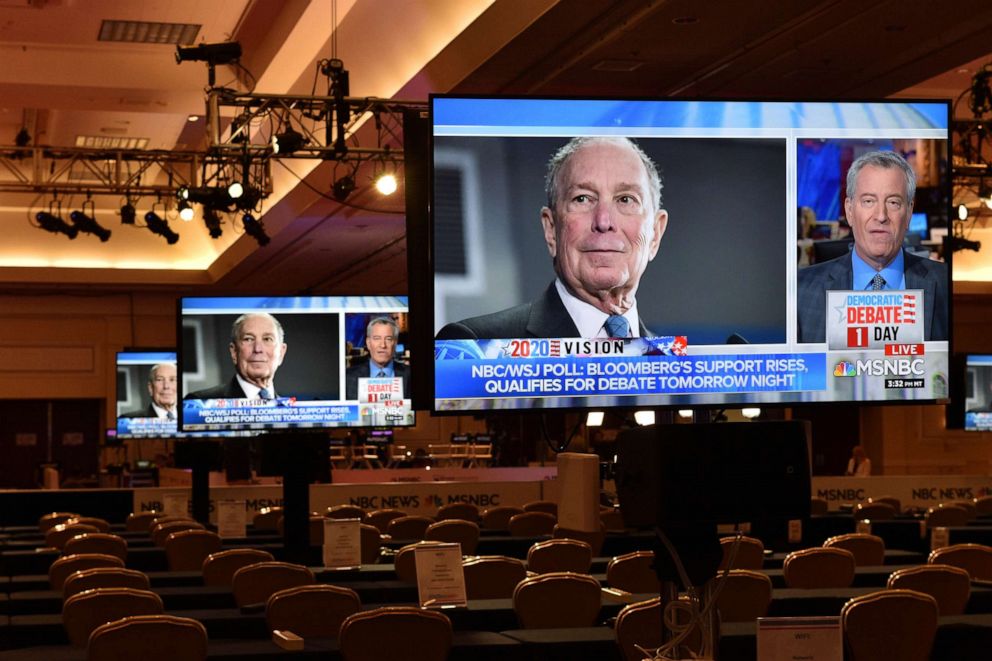 PHOTO: An image of Democratic presidential candidate Michael Bloomberg appears on a video monitor inside the media center for Wednesday's Democratic presidential debate, in Las Vegas, Feb. 18, 2020.