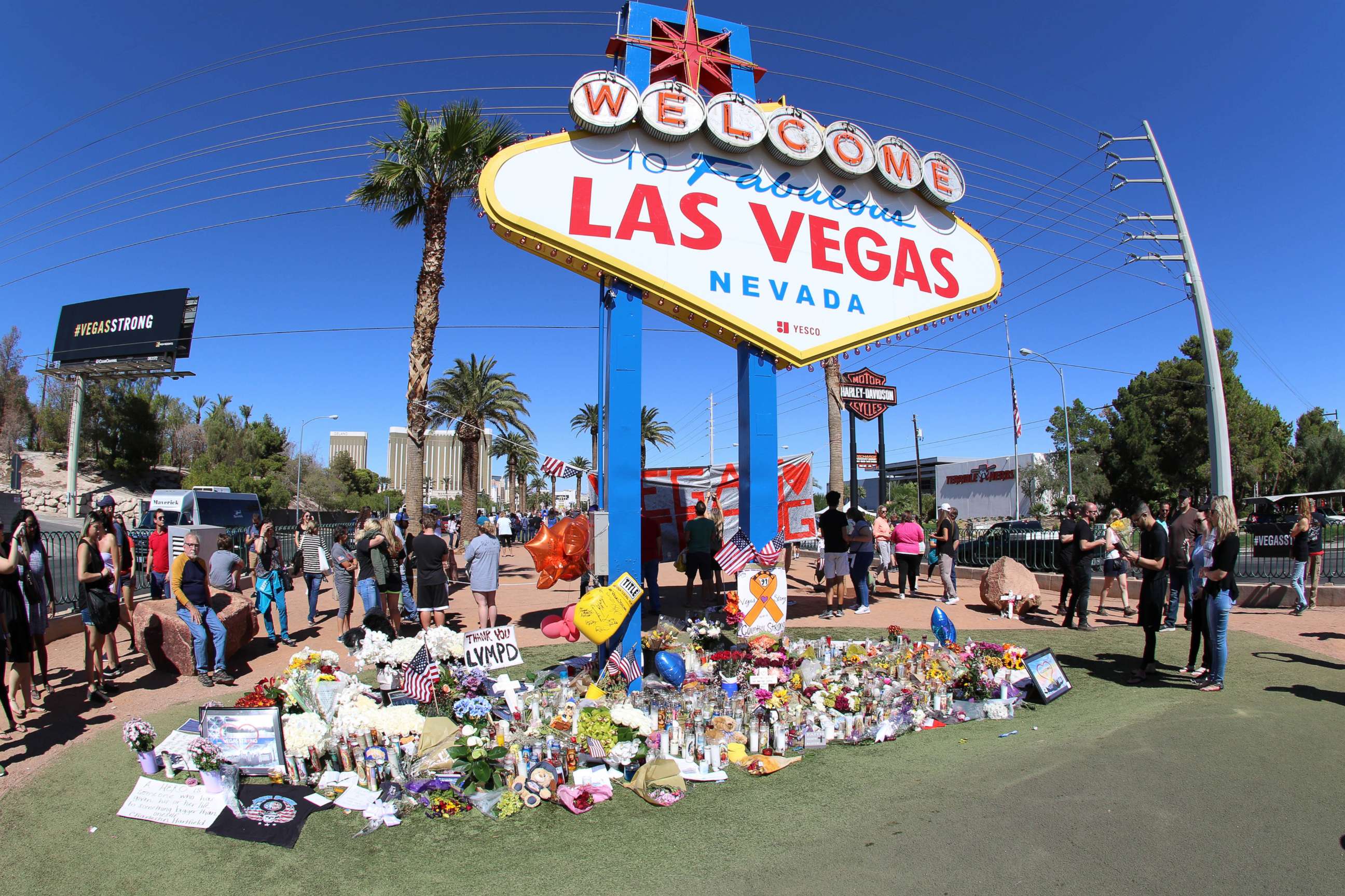 PHOTO: Memorials and tributes are pictured Oct. 6, 2017, in the aftermath of the mass shooting on the Las Vegas Strip on Oct. 1st, 2017, in Las Vegas.