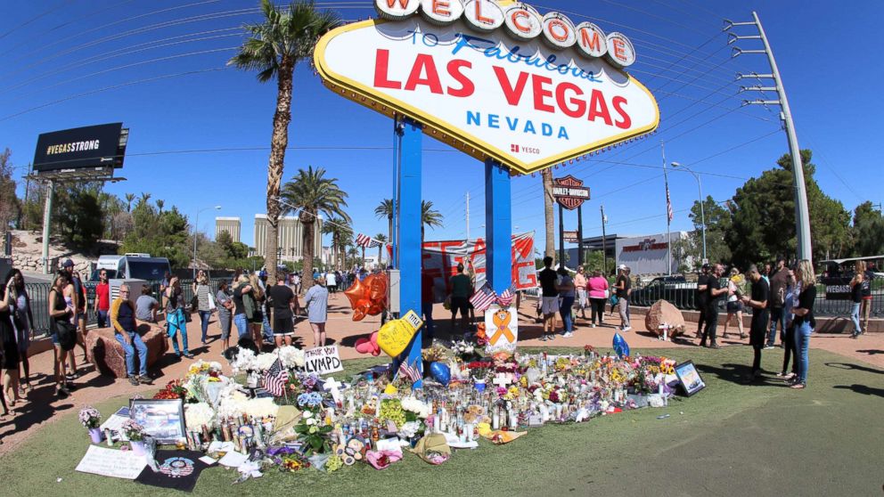 PHOTO: Memorials and tributes are pictured Oct. 6, 2017 in the aftermath of the mass shooting on the Las Vegas Strip on Oct. 1st, 2017, in Las Vegas, Nevada.