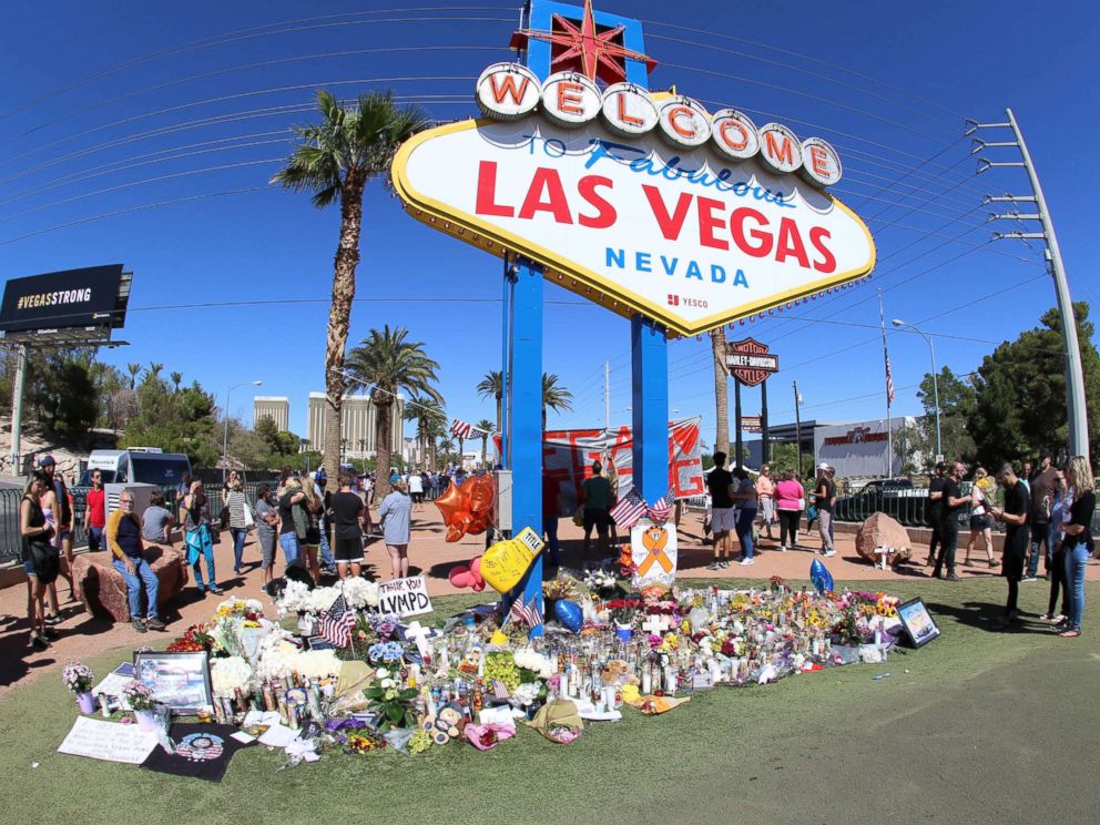 PHOTO: Memorials and tributes are pictured Oct. 6, 2017, in the aftermath of the mass shooting on the Las Vegas Strip on Oct. 1st, 2017, in Las Vegas.