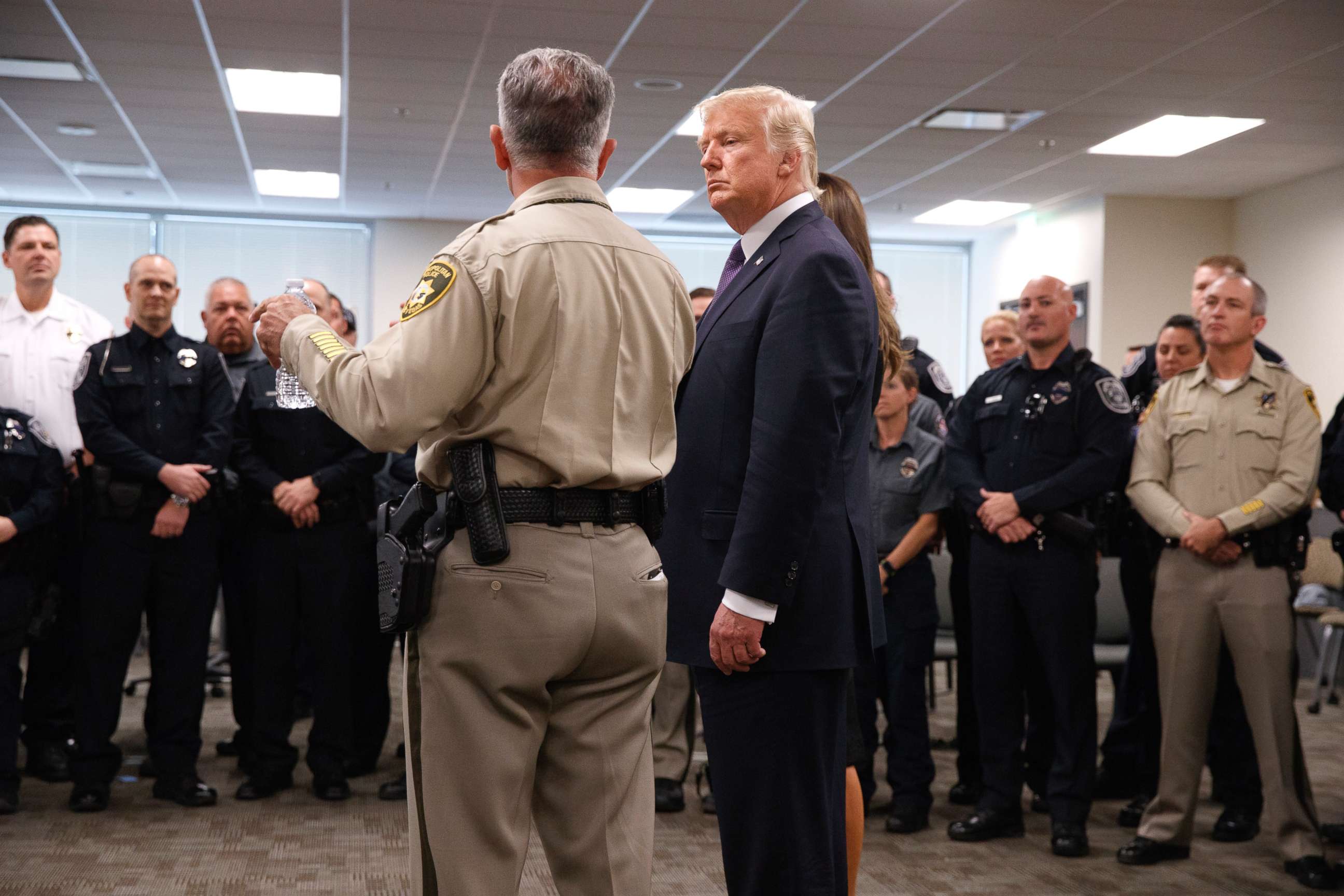 PHOTO: President Donald Trump listens to Clark County Sheriff Joseph Lombardo during a meeting with first responders at the Las Vegas Metropolitan Police Department, Oct. 4, 2017, in Las Vegas.