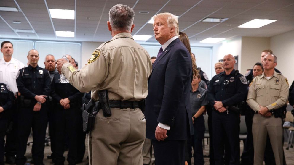 PHOTO: President Donald Trump listens to Clark County Sheriff Joseph Lombardo during a meeting with first responders at the Las Vegas Metropolitan Police Department, Oct. 4, 2017, in Las Vegas.