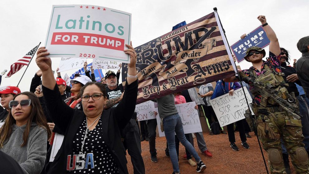 PHOTO: Supporters of President Donald Trump protest outside the Clark County Election Department, Nov. 7, 2020, in North Las Vegas.