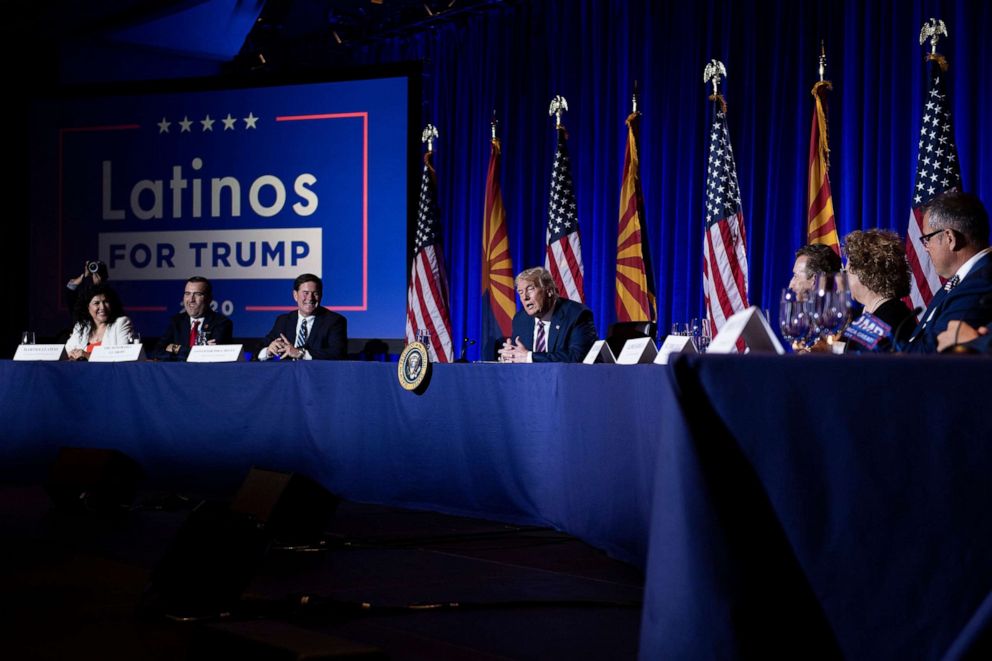 PHOTO: President Donald Trump speaks during a roundtable rally with Latino supporters at the Arizona Grand Resort and Spa in Phoenix, Sept. 14, 2020.