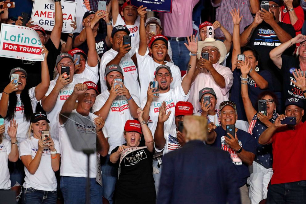 PHOTO: President Donald Trump is cheered by supporters upon his arrival to a campaign rally at the Santa Ana Star Center, Sept. 16, 2019, in Rio Rancho, N.M.