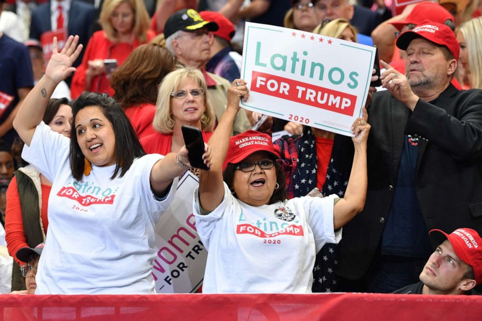PHOTO: A supporter of the US president hold signs reading "Latinos for Trump" as they attend a "Keep America Great" rally at the American Airlines Center in Dallas, Texas on Oct. 17, 2019.