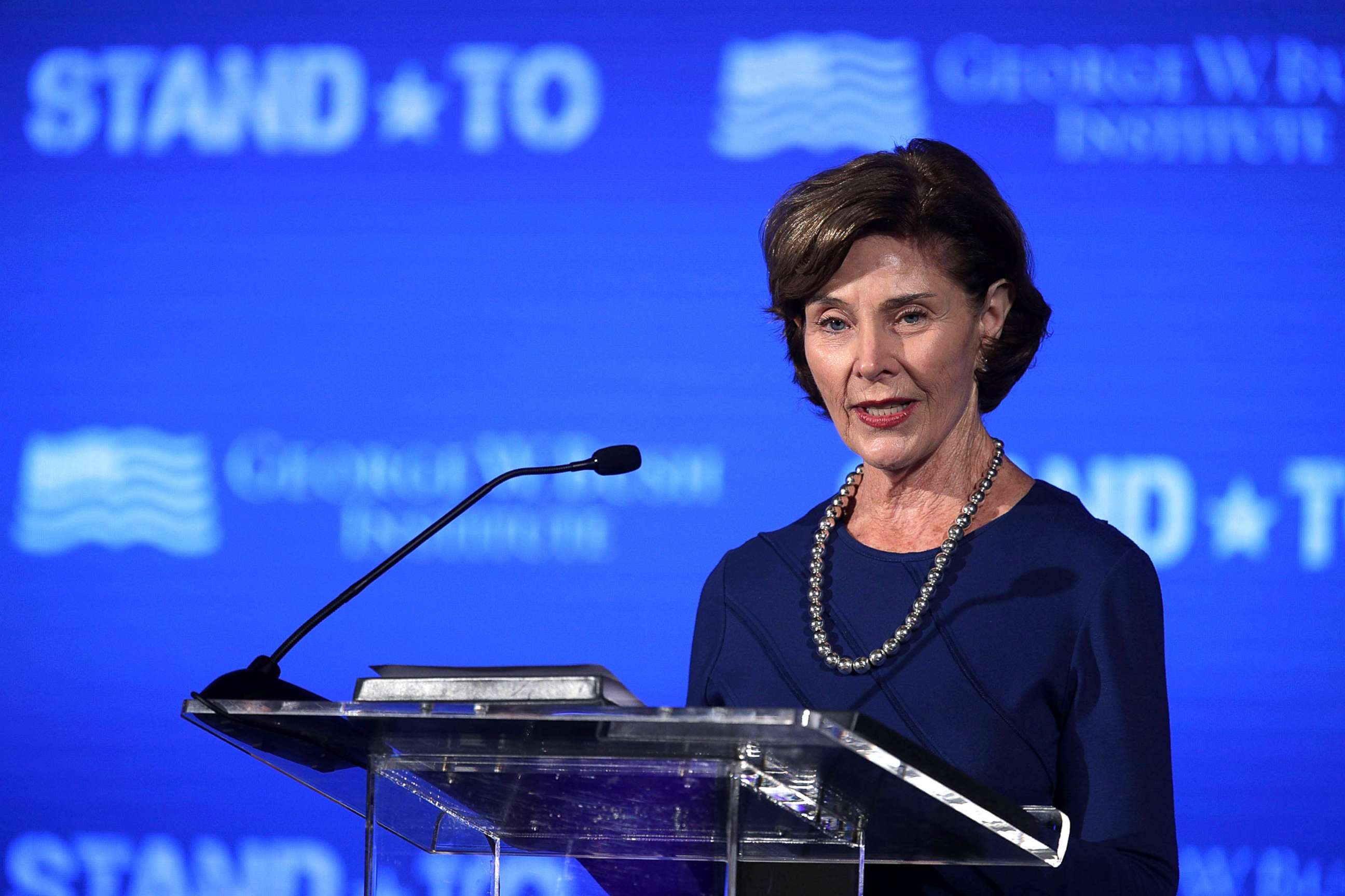 PHOTO: Former U.S. first lady Laura Bush speaks during a conference at the U.S. Chamber of Commerce, June 23, 2017, in Washington, DC.