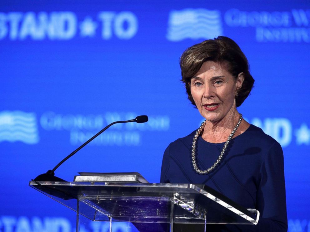PHOTO: Former U.S. first lady Laura Bush speaks during a conference at the U.S. Chamber of Commerce, June 23, 2017, in Washington, DC.