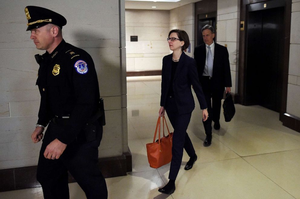 PHOTO: Laura Cooper, center, the Deputy Assistant Secretary of Defense for Russia, Ukraine, and Eurasia  arrives for a closed-door deposition at the Capitol in Washington, D.C., Oct. 30, 2019.
