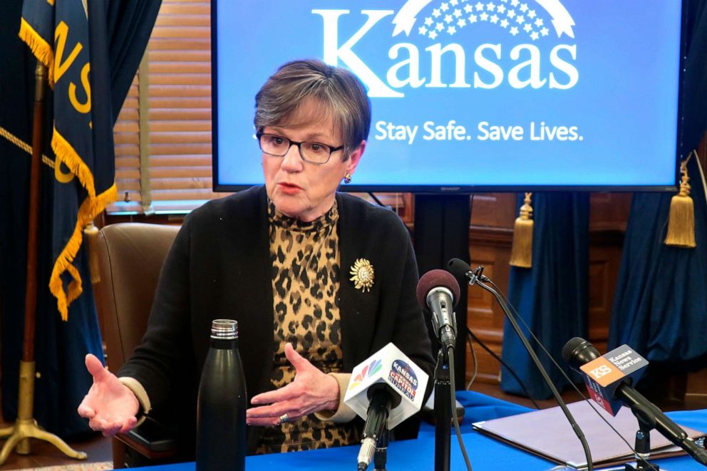PHOTO: Kansas Gov. Laura Kelly answers questions about the state's response to the coronavirus pandemic during a news conference, Wednesday, April 15, 2020, at the Statehouse in Topeka, Kan. 