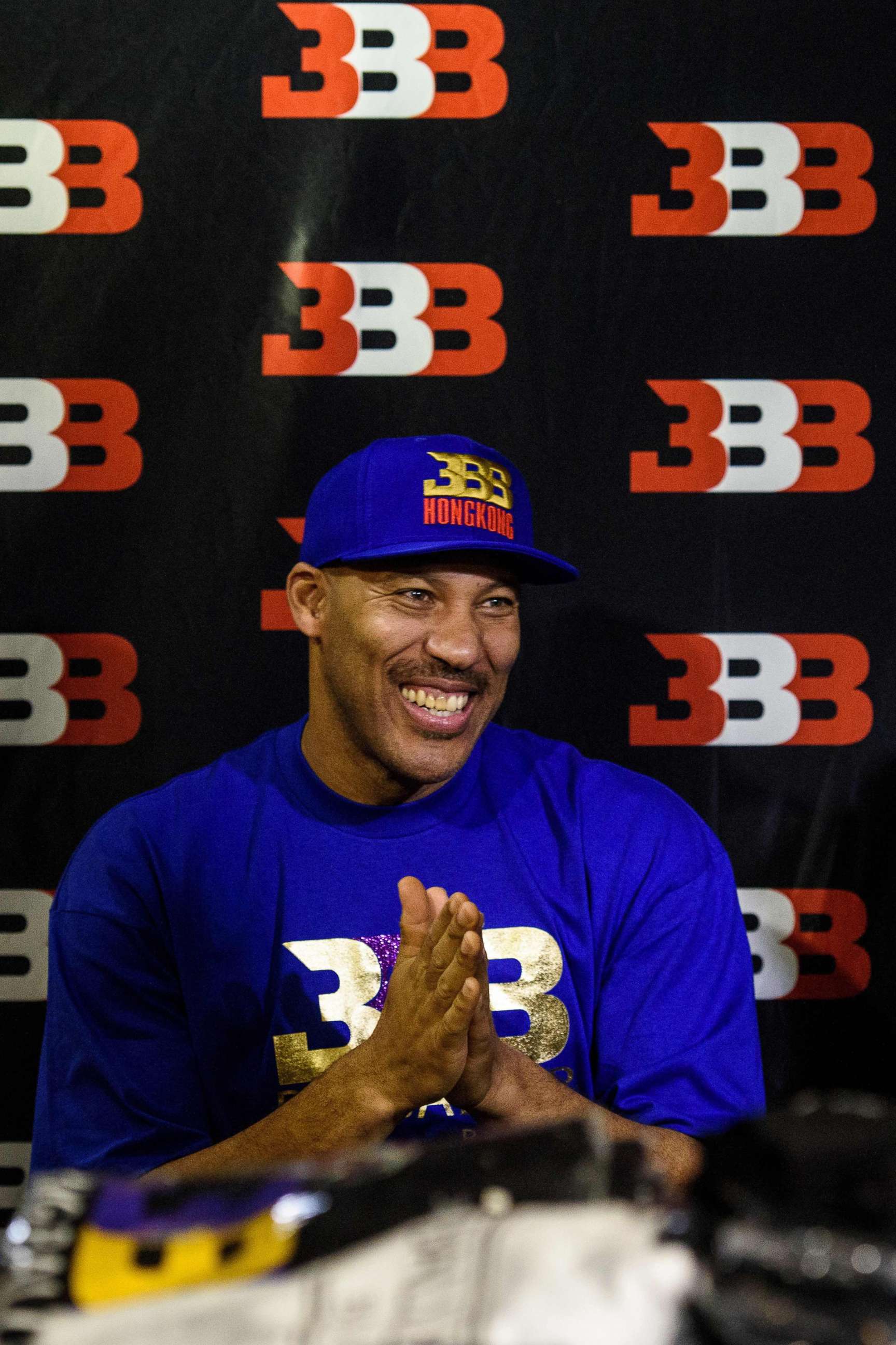 PHOTO: LaVar Ball, father of basketball player LiAngelo Ball and the owner of the Big Baller brand, reacts during a promotional event in Hong Kong, Nov. 14, 2017.
