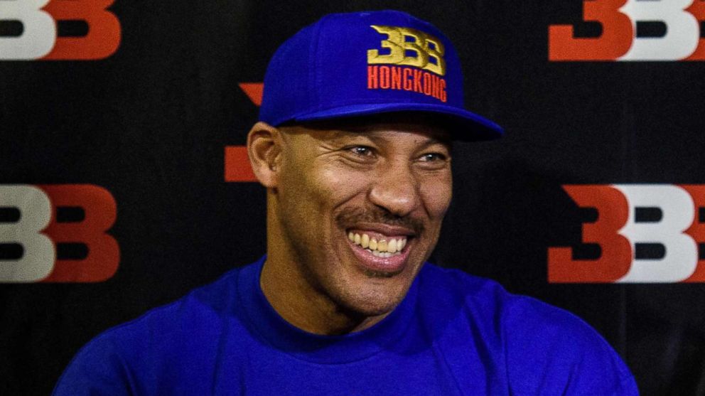 PHOTO: LaVar Ball, father of basketball player LiAngelo Ball and the owner of the Big Baller brand, reacts during a promotional event in Hong Kong, Nov. 14, 2017.
