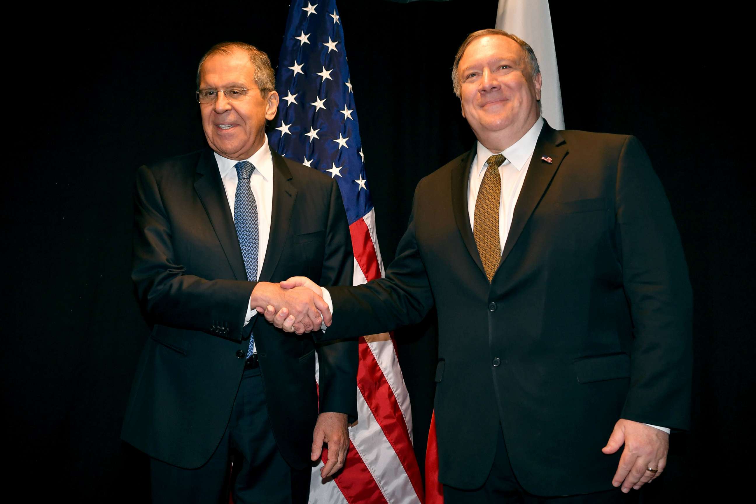 PHOTO: Secretary of State Mike Pompeo, right, and Russia's Foreign Minister Sergei Lavrov meet on the sidelines of the Arctic Council Ministerial Meeting, May 6, 2019, in Rovaniemi, Finland.