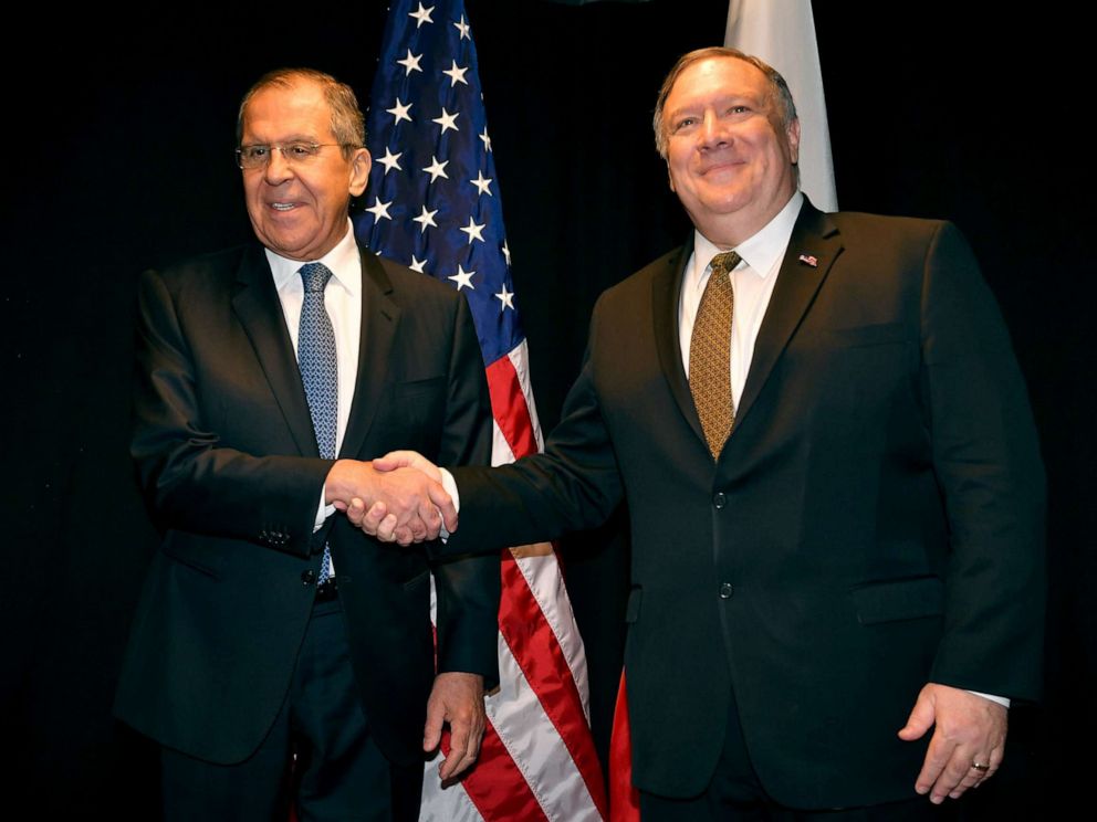 PHOTO: Secretary of State Mike Pompeo, right, and Russias Foreign Minister Sergei Lavrov meet on the sidelines of the Arctic Council Ministerial Meeting, May 6, 2019, in Rovaniemi, Finland.