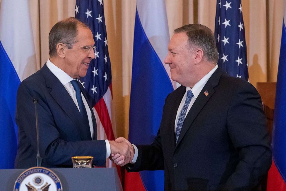 PHOTO: Secretary of State Mike Pompeo shakes hands with Russian Foreign Minister Sergey Lavrov after a press conference at the Department of State in Washington, Dec, 10, 2019.