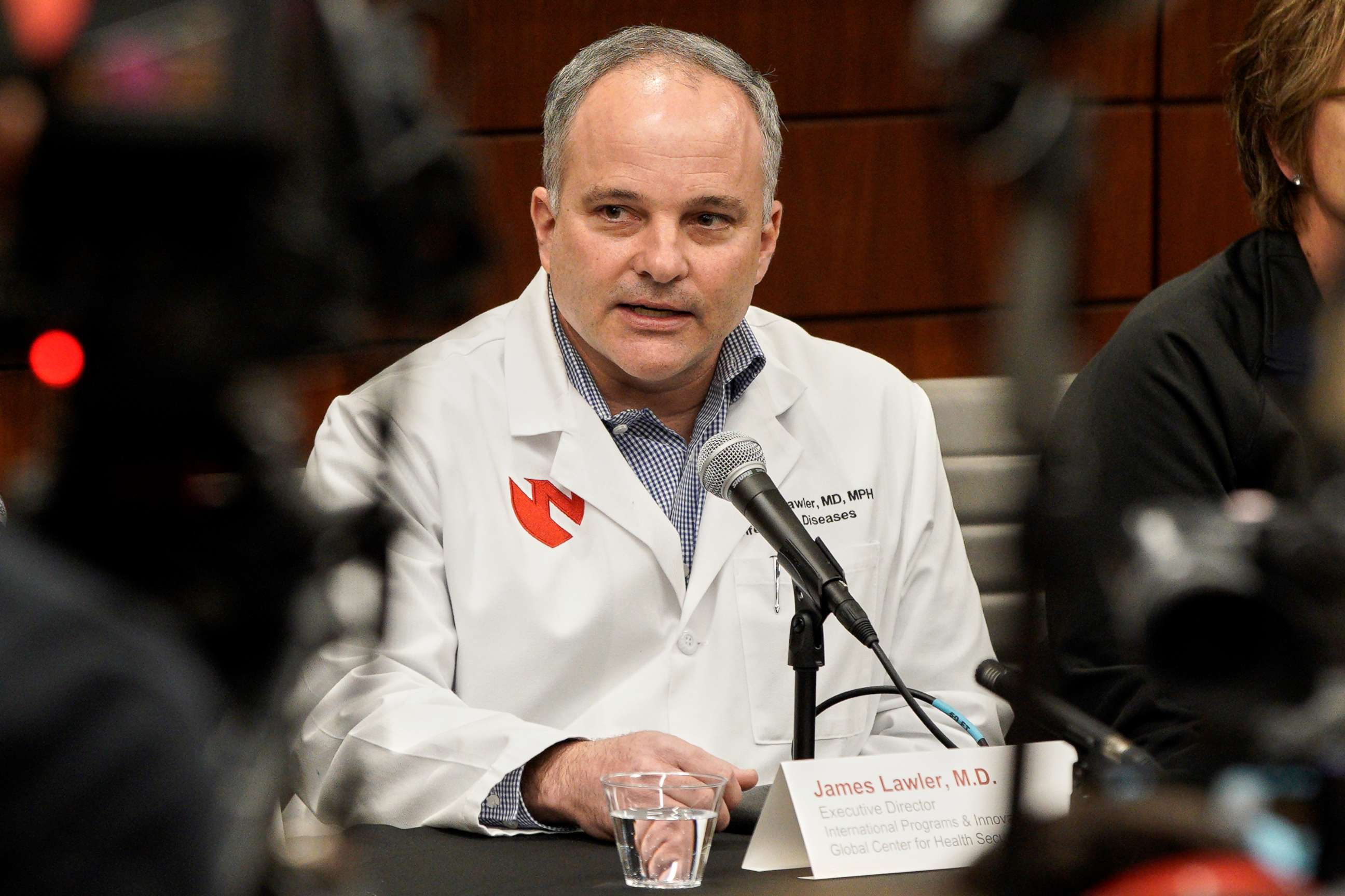 PHOTO: Dr. James Lawler, executive director of International programs & innovation, global center for health security at UNMC, participates in a news conference at the University of Nebraska Medical Center in Omaha, Neb., Feb. 6, 2020.