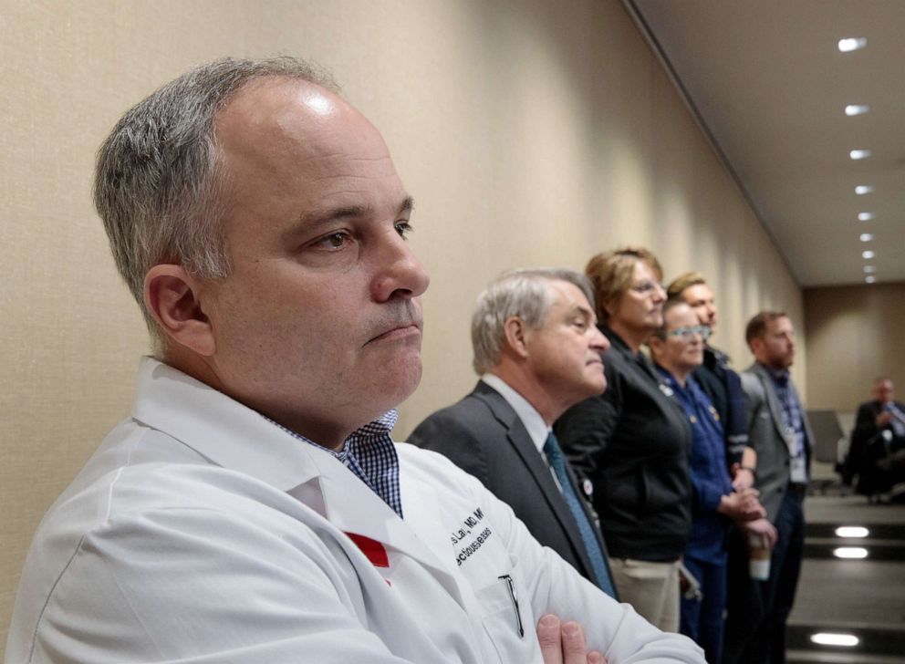 PHOTO: Dr. James Lawler, a pandemic response expert at the University of Nebraska Medical Center, attends Feb. 6, 2020, press conference in Omaha, Neb.