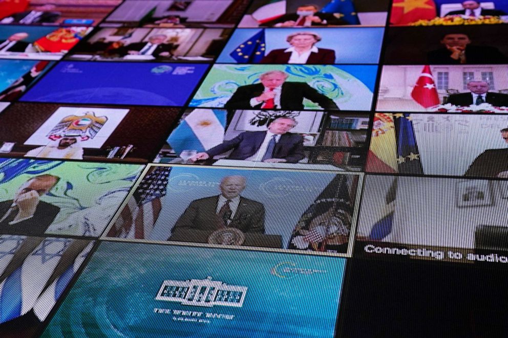 PHOTO: World leaders virtually attend the Leaders Summit on Climate, as seen from the East Room of the White House, April 22, 2021, in Washington.