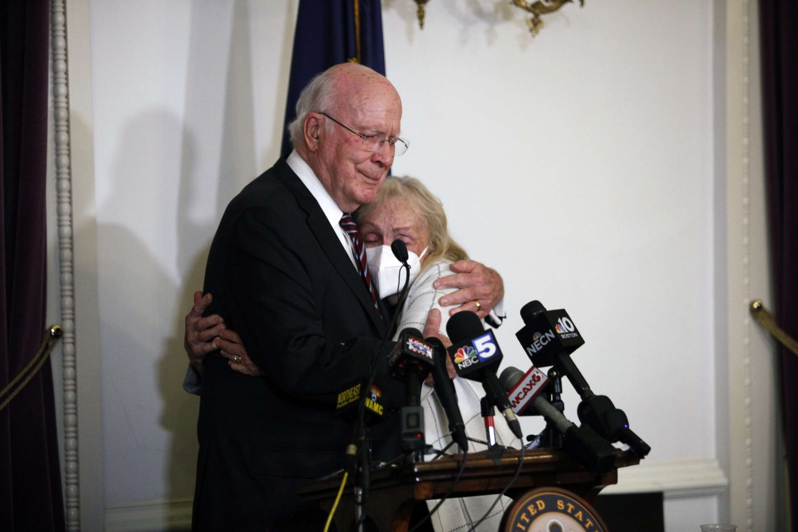 PHOTO: Senator Patrick Leahy and his wife Marcelle Pomerleau hug as he announces his decision to not run for another term in the Senate, outside the Vermont Statehouse in Montpelier, Vt., Nov. 15, 2021.