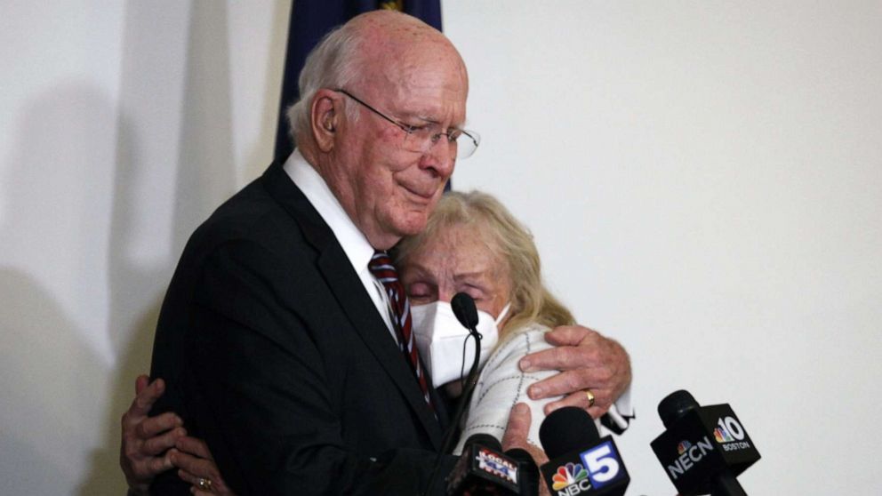 PHOTO: Senator Patrick Leahy and his wife Marcelle Pomerleau hug as he announces his decision to not run for another term in the Senate, outside the Vermont Statehouse in Montpelier, Vt., Nov. 15, 2021.