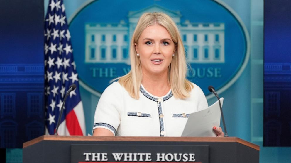 PHOTO: White House press secretary Karoline Leavitt speaks with reporters in the James Brady Press Briefing Room at the White House, July 17, 2025, in Washington.