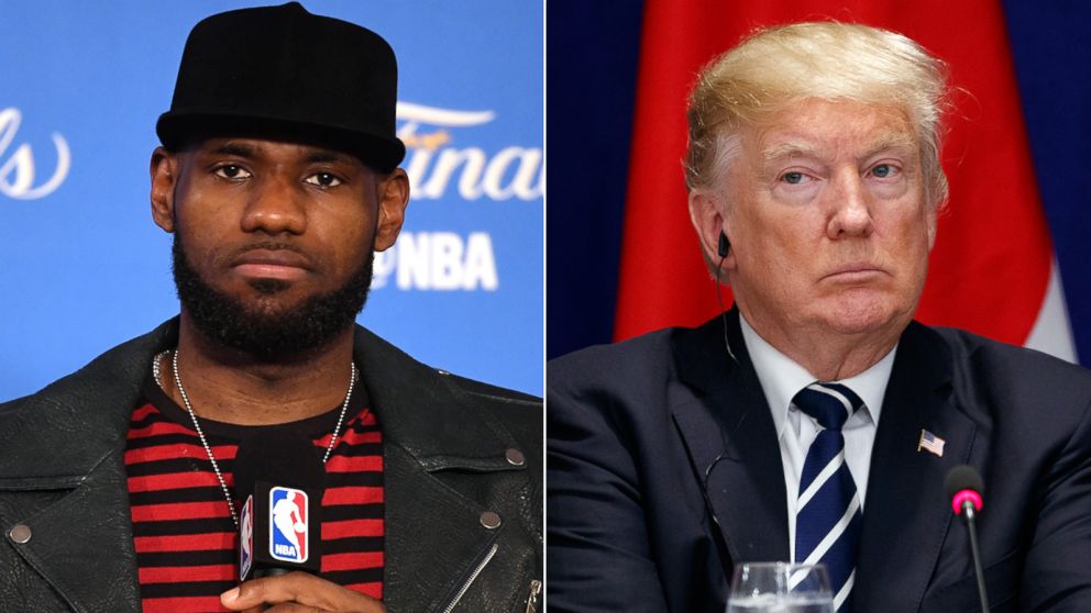 Pictured (L-R) are Lebron James of the Cleveland Cavaliers in Oakland, Calif., June 12, 2017 and President Donald Trump in New York, Sept. 21, 2017.