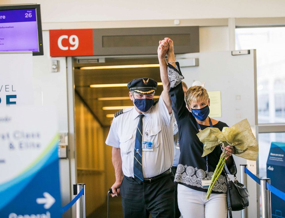 PHOTO: Alaska Airlines Captain Lee Erickson and Flight Attendant Brenda Erickson, pictured on Sept. 28, 2020, opted to retire early in hopes it would save their children's jobs.