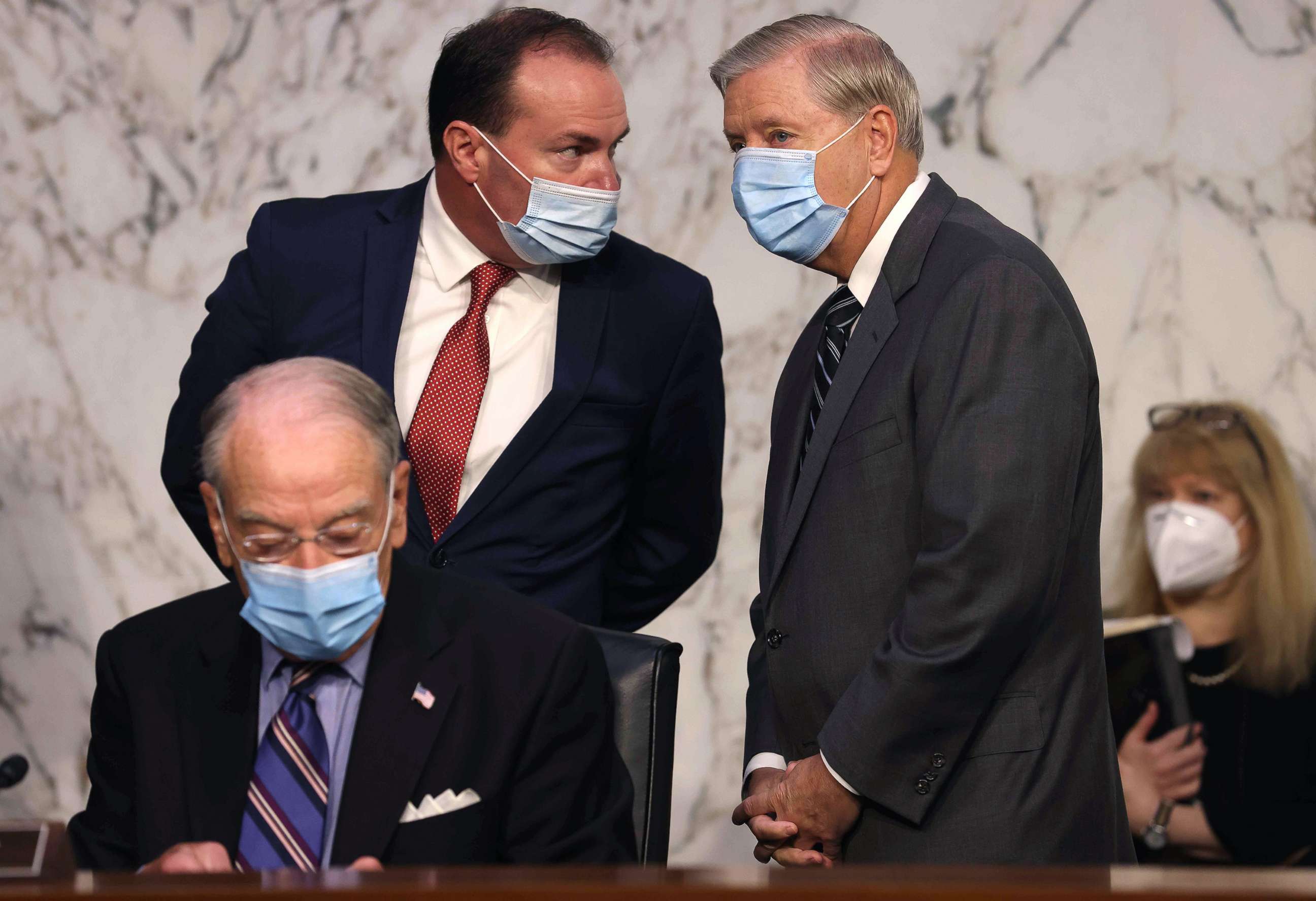 PHOTO: Senate Judiciary Committee member Senator Michael Lee, top left, talks with Chairman Senator Lindsey Graham before the confirmation hearings for Judge Amy Coney Barrett, Oct. 12, 2020, on Capitol in Washington, D.C.