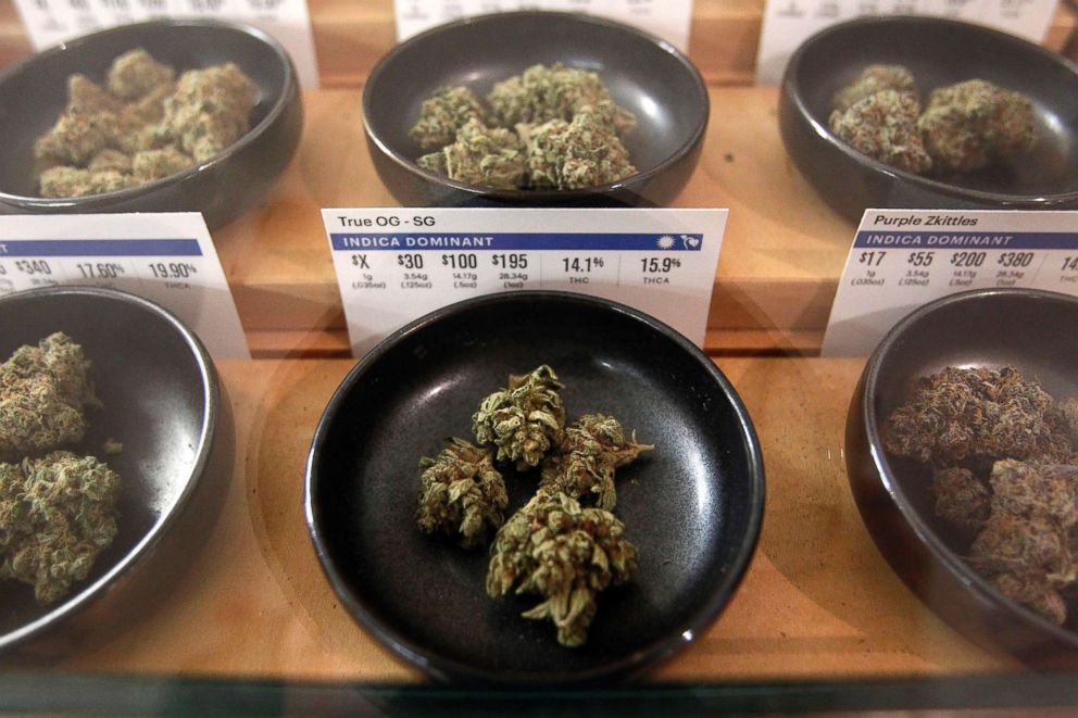 PHOTO: Different types of marijuana on display at Harborside marijuana dispensary in Oakland, Calif., Jan. 1, 2018.