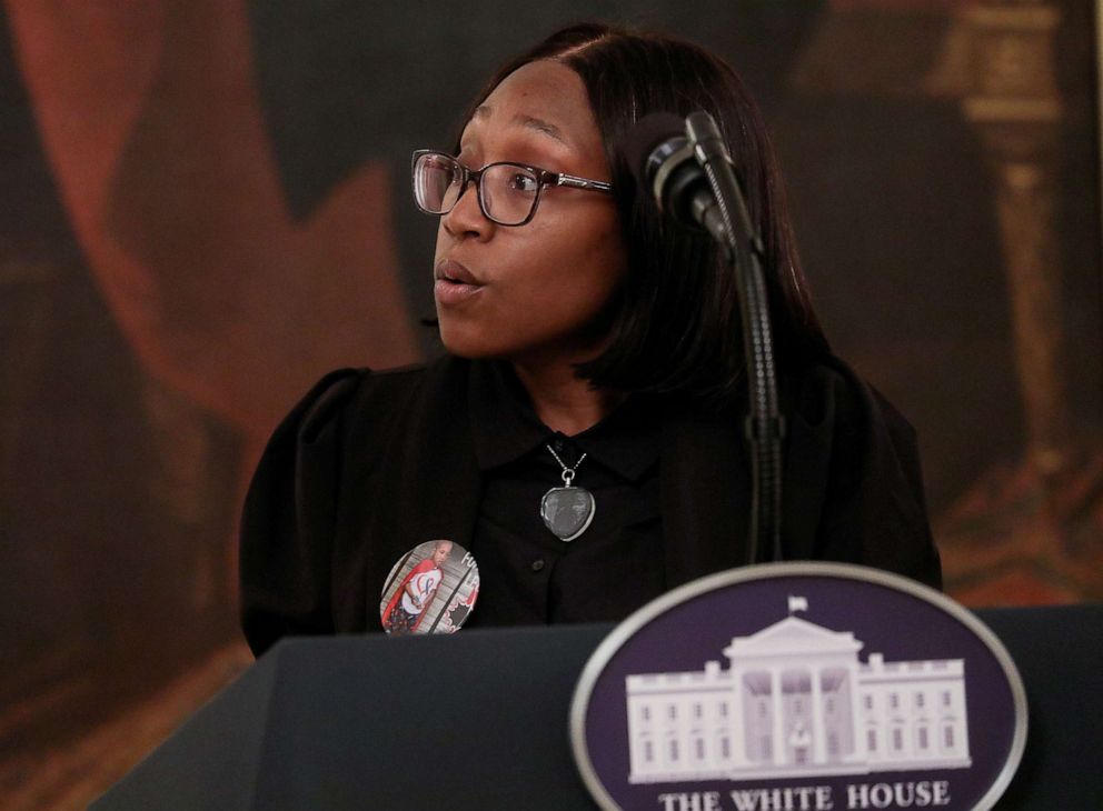 PHOTO: Charron Powell, whose son LeGend Taliferro was shot and killed in Kansas City in June, speaks during an event in the East Room at the White House in Washington, July 22, 2020.