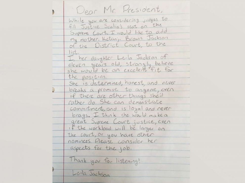 PHOTO: Ketanji Brown Jackson's daughter Leila Jackson, who was 11-years-old at the time, wrote this letter to President Barack Obama in 206 about her mother. 