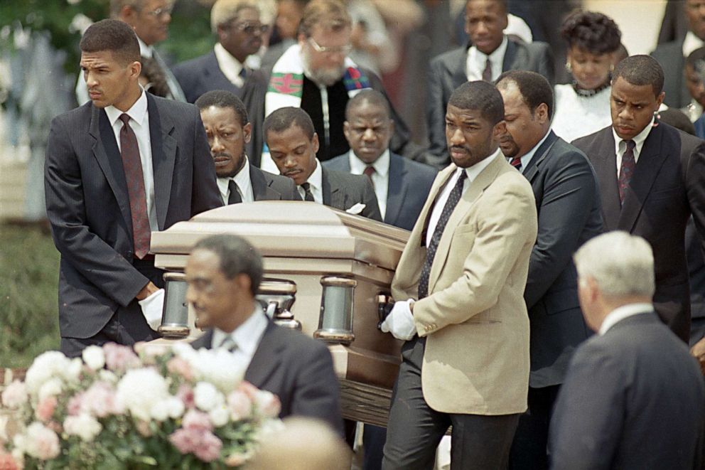 PHOTO: Friends of the late University of Maryland basketball star Len Bias carry his casket from the university chapel following a private funeral in College Park, Md., June 23, 1986. 