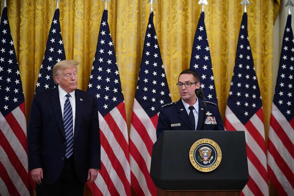 PHOTO: In this April 30, 2020, fie photo, President Donald Trump listens to General Joseph Lengyel, Chief of the National Guard Bureau, speak on protecting Americas seniors from the COVID-19 pandemic in the East Room of the White House in Washington, DC.