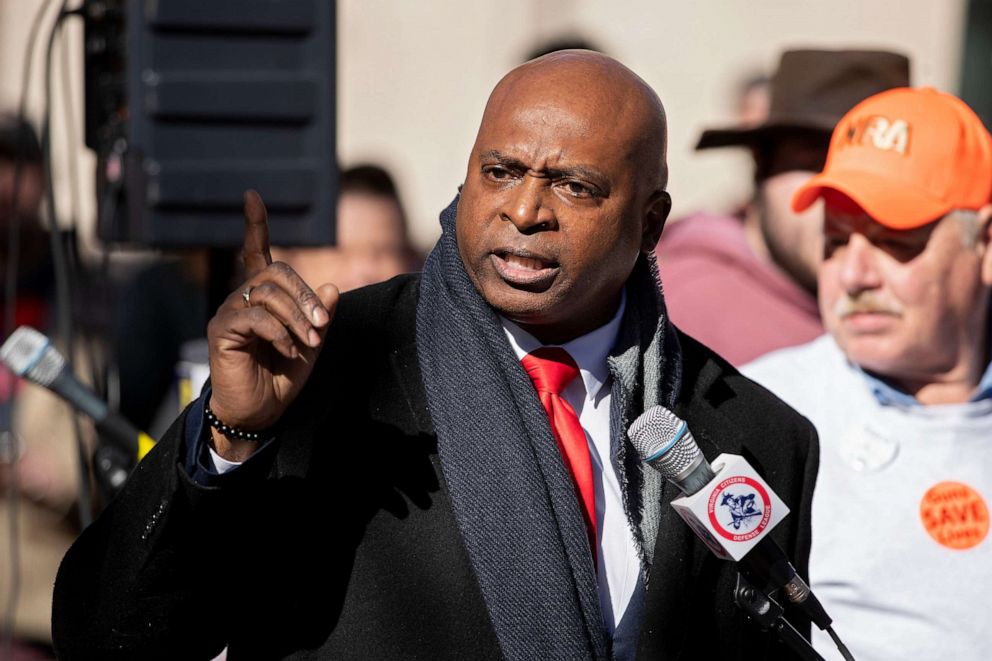 PHOTO: Leon Benjamin speaks at the Virginia Citizens Defense League Lobby Day rally for gun rights at Capitol Square in Richmond, Va., Jan. 16, 2023.