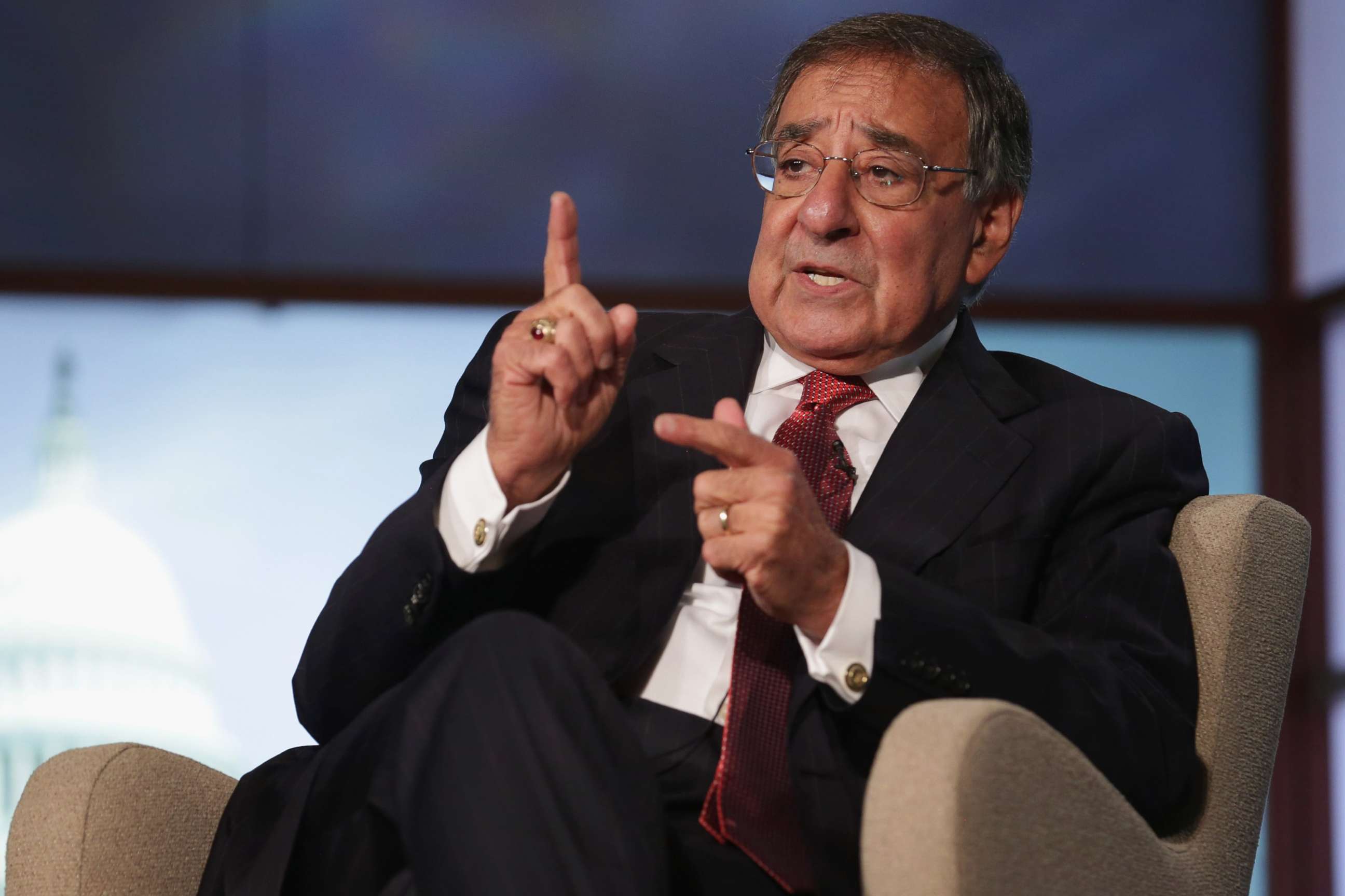 PHOTO: Leon Panetta discuss his new book, "Worthy Fights," during an event in the Jack Morton Auditorium at George Washington University, Oct. 14, 2014 in Washington, D.C.