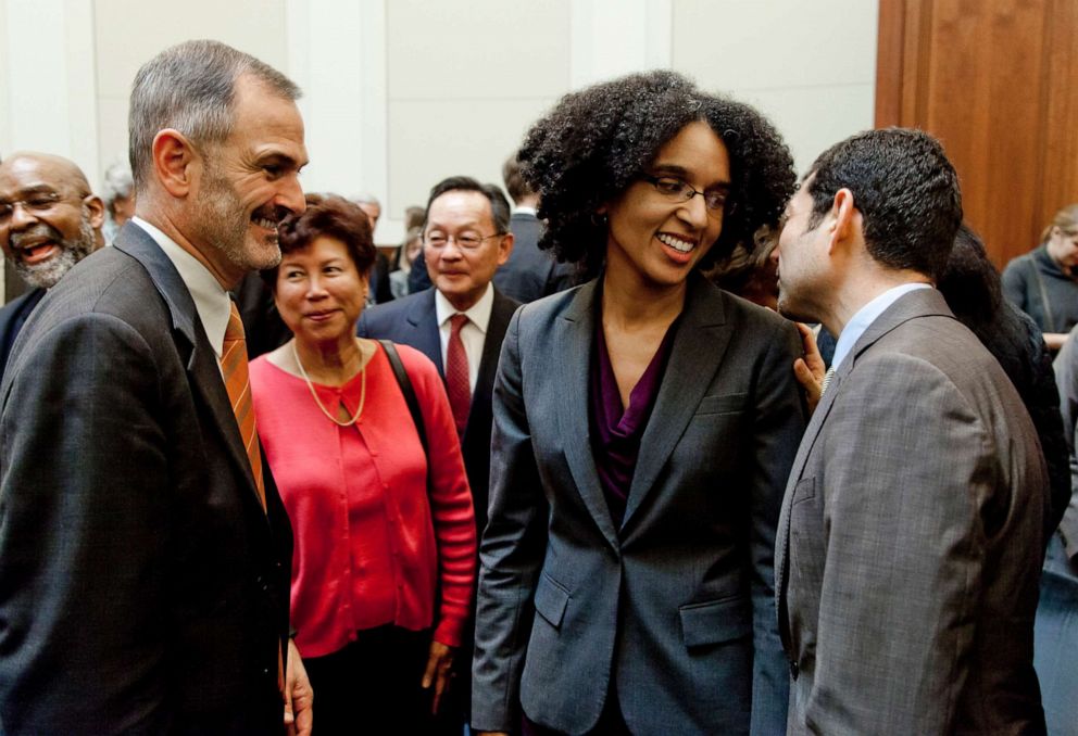 PHOTO: In this Dec. 22, 2014, file photo, Lenodra Kruger and newly appointed justice Mariano-Florentino Cuellar, right, speak during Kruger's confirmation hearing to the California Supreme Court, in San Francisco.
