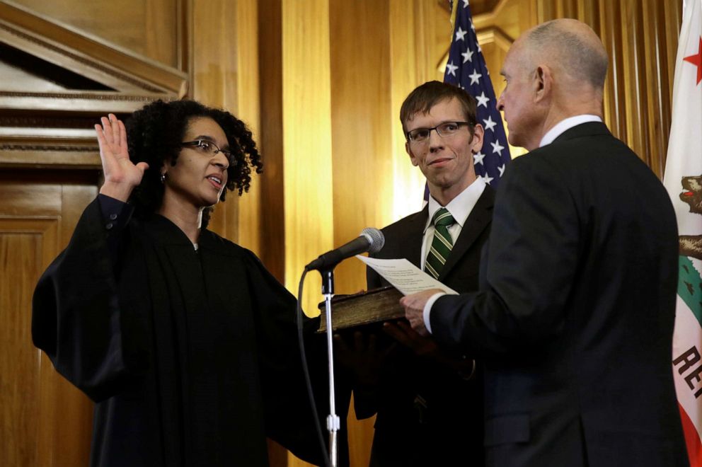 PHOTO: In this Jan. 5, 2015, file photo, Leondra Kruger is sworn in as an associate justice to the California Supreme Court by Gov. Jerry Brown during an inauguration ceremony in Sacramento, Calif.