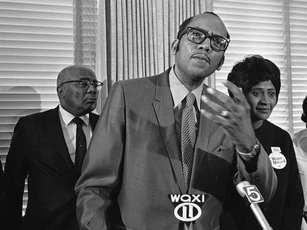 PHOTO: Georgia state Sen. Leroy Johnson speaks during an event at a City Hall news conference in Atlanta, G.A., on Oct. 20, 1969.