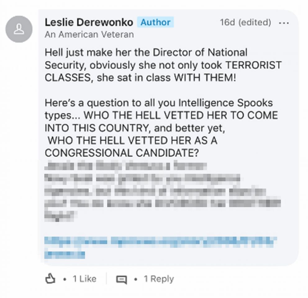 PHOTO: A screen shot taken by ABC News on March 8, 2018, shows special agent Leslie Derewonko's LinkedIn comment with anti-immigrant messages aimed at Rep. Ilhan Omar.