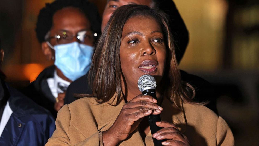 PHOTO: State Attorney General Letitia James speaks during a Get Out the Vote rally at A. Philip Randolph Square in Harlem on Nov. 1, 2021 in New York City.