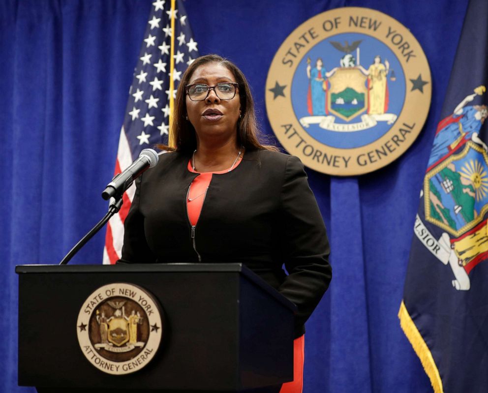 PHOTO: In this Aug. 6, 2020, file photo, New York State Attorney General Letitia James addresses the media during a news conference in New York.