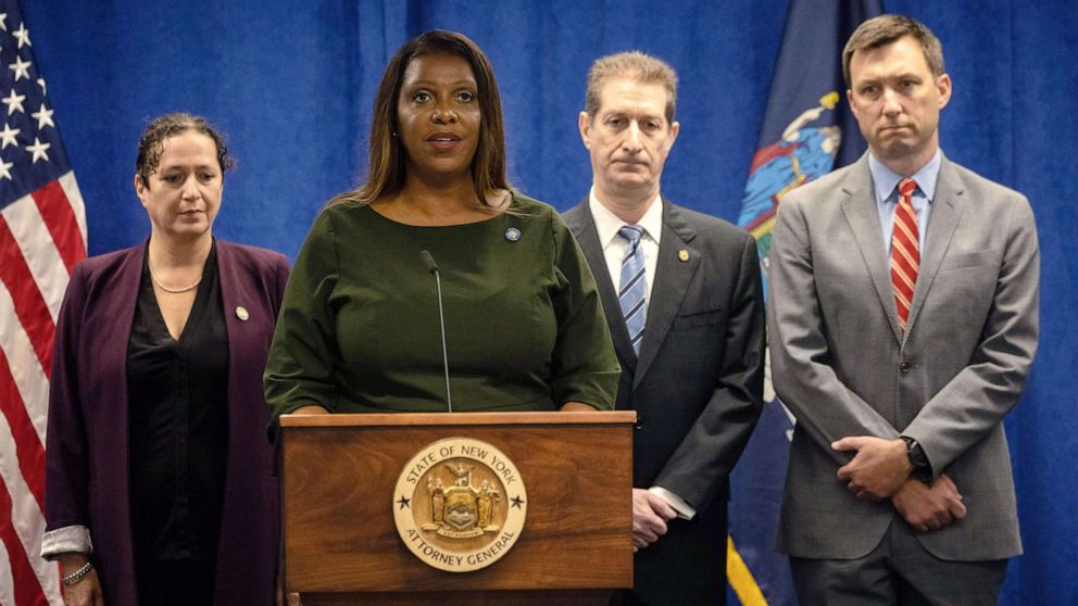 PHOTO: In this Sept. 21, 2022, file photo, New York Attorney General Letitia James speaks during a press conference regarding former US President Donald Trump and his family's financial fraud case in New York.